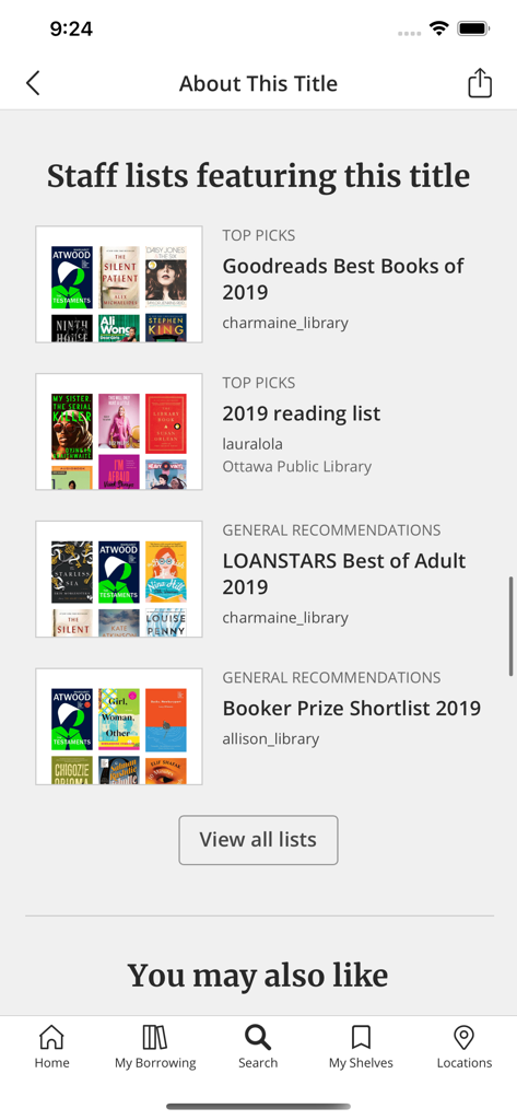 Schermata che mostra elenchi di libri curati dallo staff e raccomandazioni di lettura nell'app OPL Mobile.