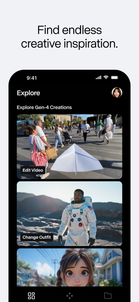 RunwayML - RunwayML mobile app interface displaying a feed of AI-generated videos and images for creative inspiration