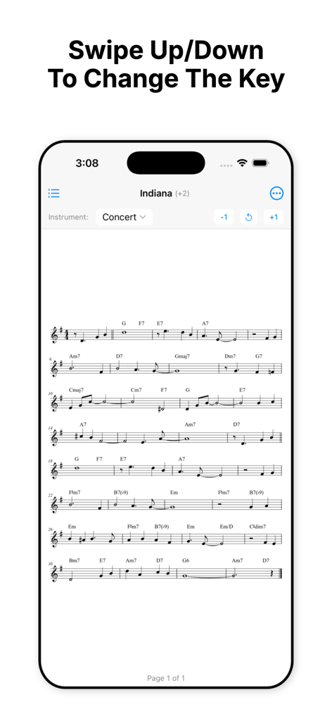 Realbook Master app interface displaying sheet music with a key change feature