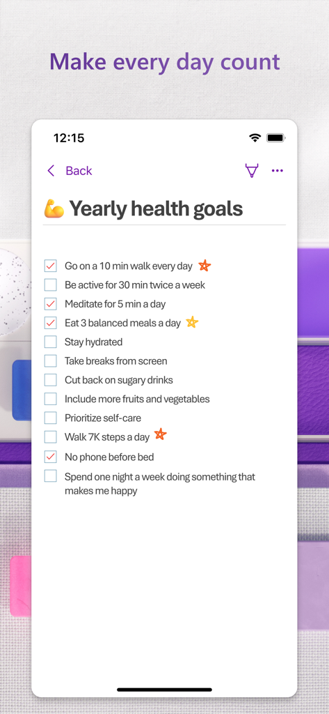 チェックマークとアイコン付きの年間健康目標チェックリストを表示するMicrosoft OneNoteモバイルアプリ。