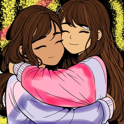 realistic two girls hugging