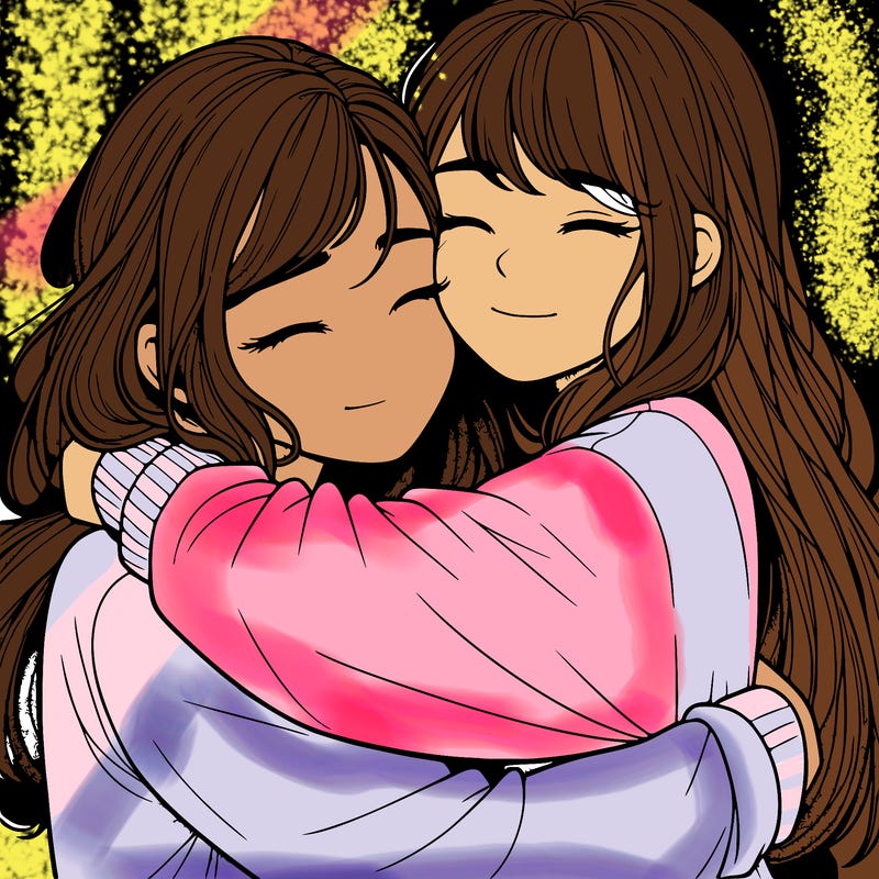 realistic two girls hugging