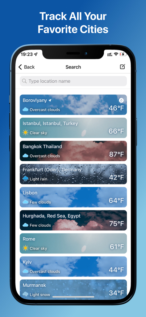 A smartphone screen displaying a list of favorite cities with current temperatures and weather conditions in the Weather and Climate Tracker app.
