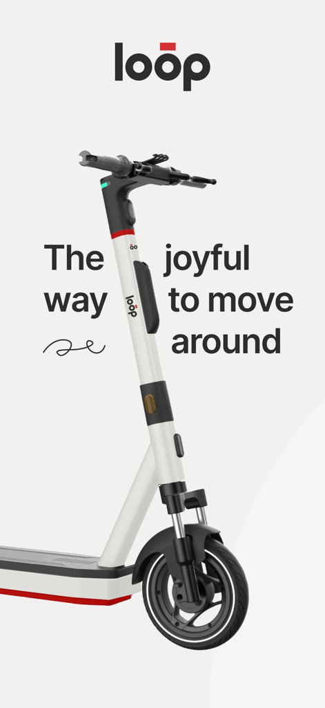 White loop electric scooter with text saying The joyful way to move around