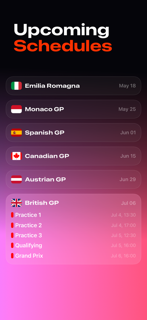 Formula 1 upcoming race schedule and session times for multiple Grand Prix events
