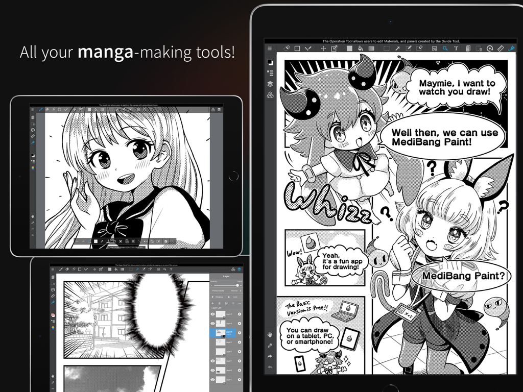 MediBang Paint – Drawing & Art - Ipad screen showing Medibang Paint app with manga creation tools screentones and comic panels