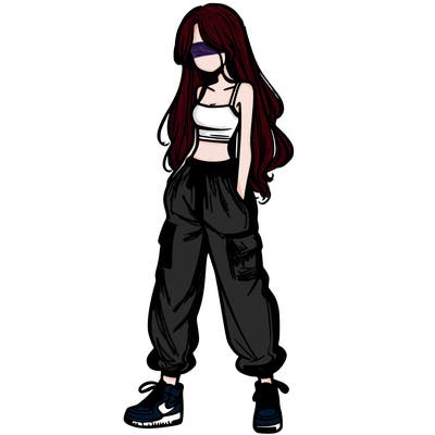 girl in baggy pants crop top and long hair