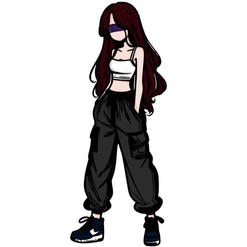 girl in baggy pants crop top and long hair