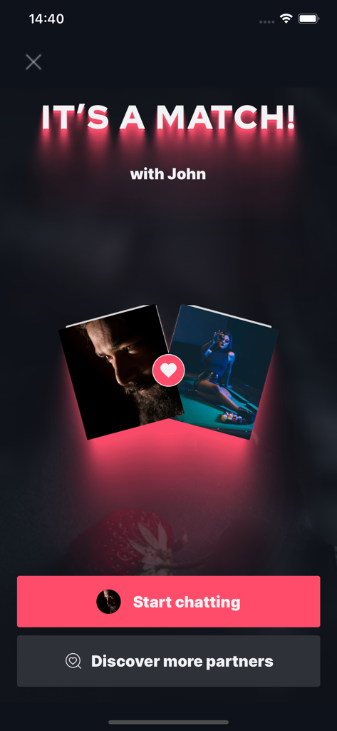 The BeeDee dating app interface displaying a match with a user named John featuring profile pictures and a start chatting button.