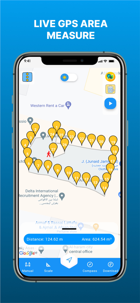 GPS Land Area Measure Live - Captura de tela do aplicativo Medição de Área de Terreno GPS ao Vivo mostrando um mapa com pinos calculando a área do terreno e a distância