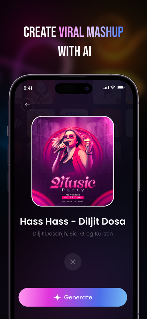 DJ Whisk AI - Make Mashup Song - Interface of the DJ Whisk AI app showing the feature to create viral mashups with a generate button and song details