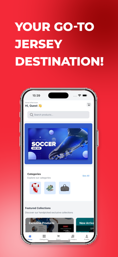 Jersey Pasal Nepal app home screen showing soccer merchandise and shopping categories