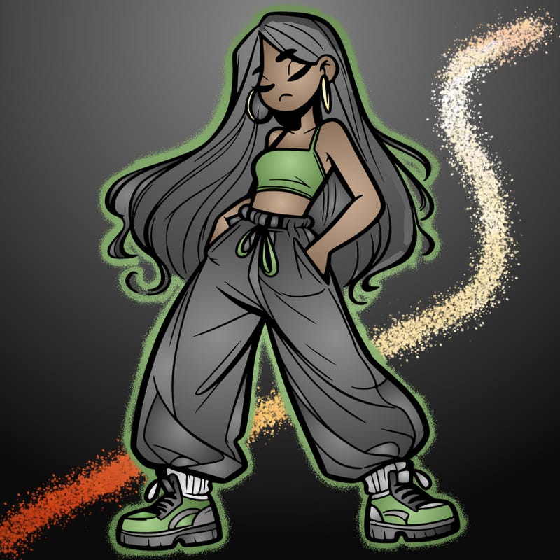 girl in baggy pants crop top and long hair