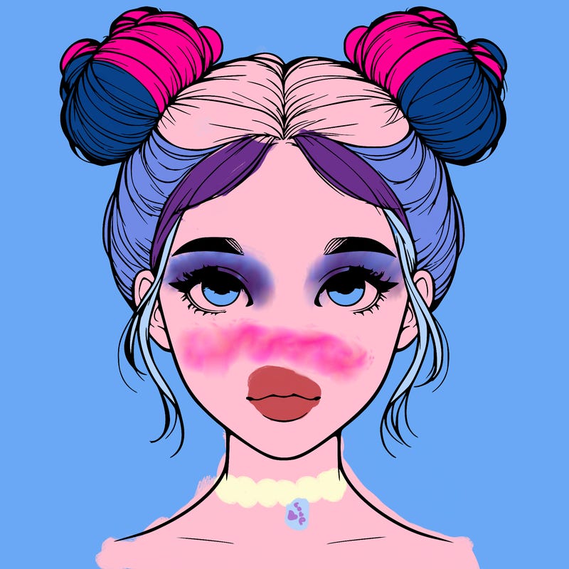 realistic girl with two buns on top of her head