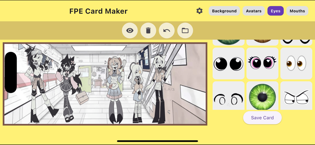 Interface of the FPE OC Maker app showing character customization with various eye options and a scene background