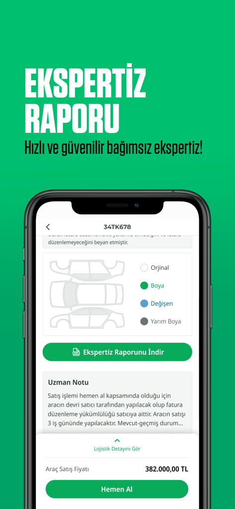 ikinciyeni.com - Écran d'application mobile montrant un rapport d'expertise automobile détaillé avec les résultats de l'inspection et un diagramme des dommages.