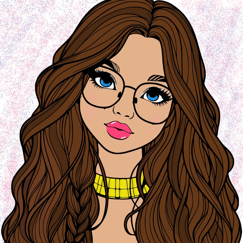 girl with long hair and freckles and glasses realistic