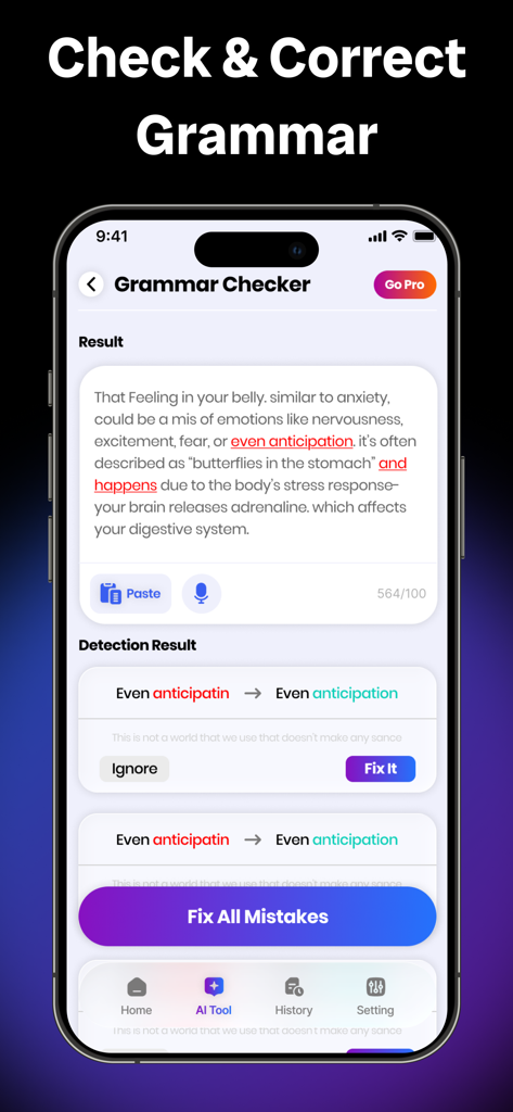 AI Humanizer - Text Rewriter - A smartphone screen showing the grammar checker interface within the AI Humanizer app highlighting text errors and suggesting corrections