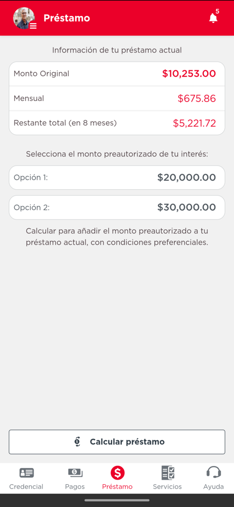 Pensiones Banorte mobile app interface showing current loan status and pre-authorized credit offers.