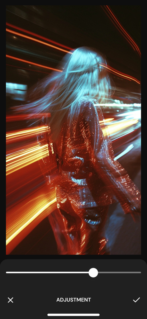 Motion Blur Photo Background - Interface showing an adjustment slider for applying cinematic motion blur to a night city photo