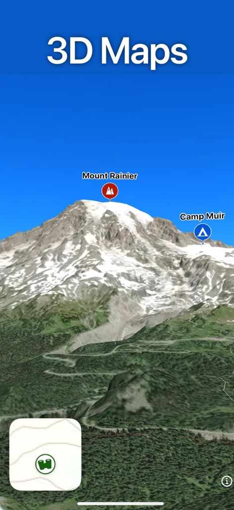 Topo Maps+ - 3D topographic map of Mount Rainier and Camp Muir in the Topo Maps plus app