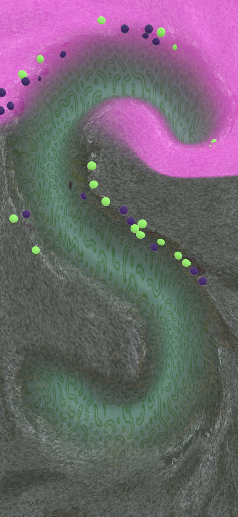 Slime Studio - A close up of pink grey and green patterned slimes being mixed with colorful beads