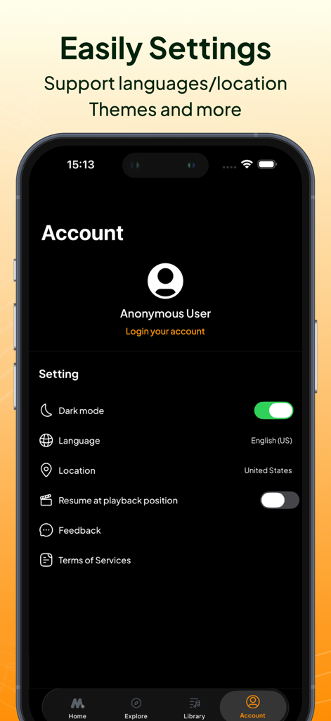 Écran des paramètres du compte de l'application Music X montrant les préférences de langue et de localisation en mode sombre.