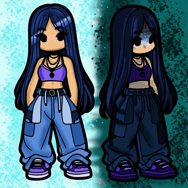 girl in baggy pants crop top and long hair