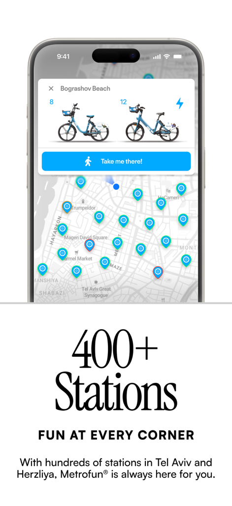 Metrofun® - Making Bikes Fun. - Metrofun app screen showing a city map with bike station icons and rental availability for classic and electric bikes