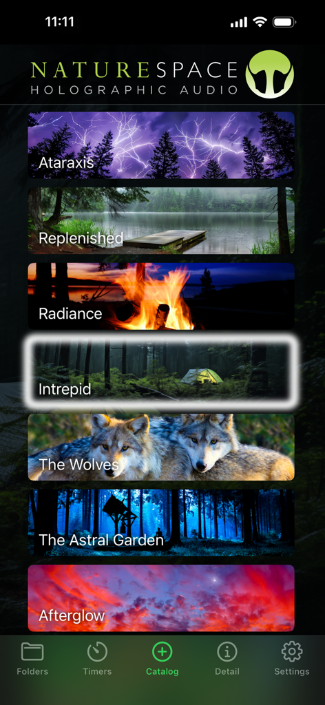 Naturespace Holographic Audio - The catalog screen of the Naturespace app displaying immersive nature sound tracks with high-quality atmospheric images.