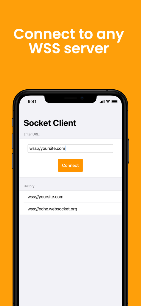 Interfaz de la aplicación Cliente WebSocket WSS que muestra la pantalla de conexión del servidor y el historial.