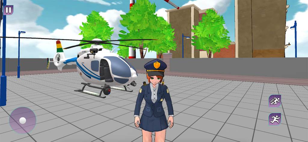 Sakura Cop Police Officer Game - サクラコップゲームで、警察ヘリコプターの隣のヘリポートに立つアニメの女性警察官。