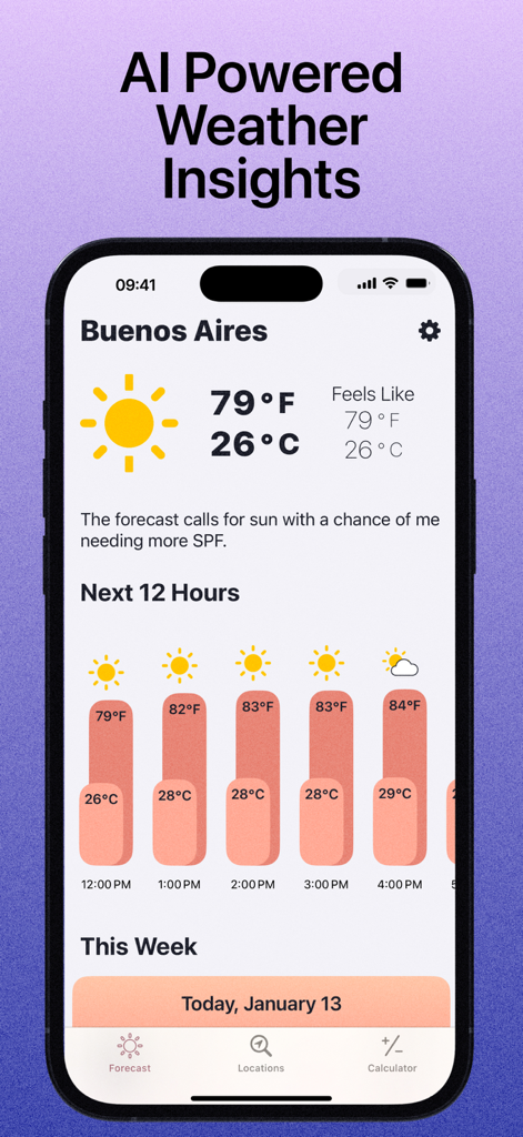The Weather App by WeatherGo - WeatherGo app interface showing AI powered weather insights and dual Celsius and Fahrenheit temperature scales