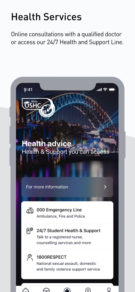 ahm OSHC - ahm OSHC app screen showing health services and emergency support contact information