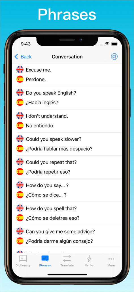 A mobile screen showing common English and Spanish conversation phrases for travelers and students