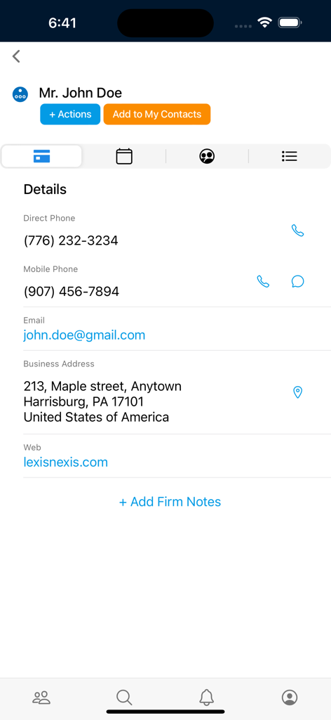 Detailed view of a contact in the InterAction plus mobile app including phone email and address