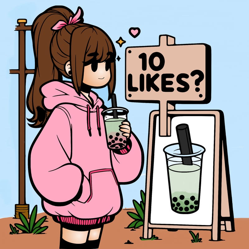 girl with oversized hoodie drinking boba and she has a high ponytail with a sign that says 10likes?