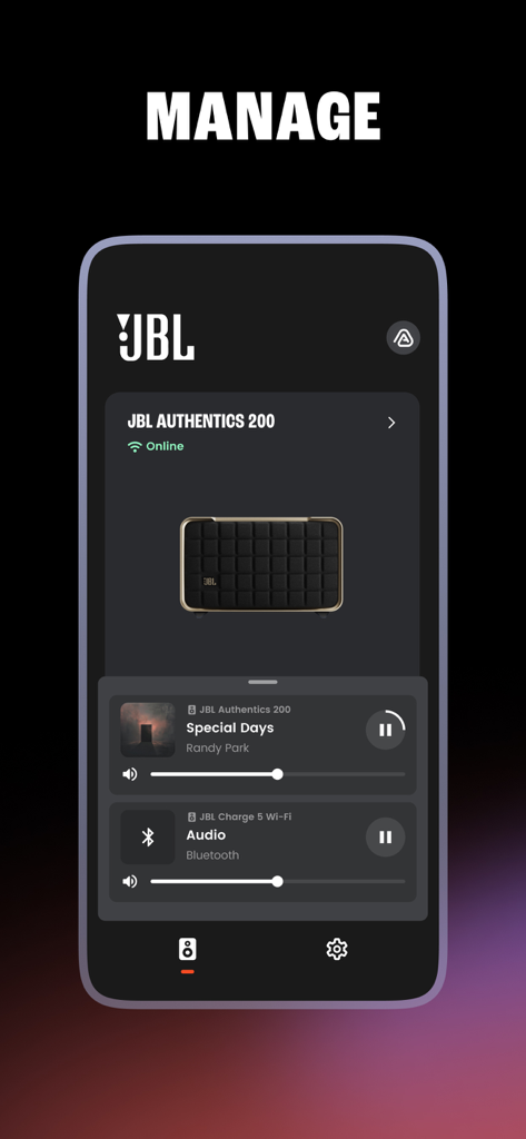 Interface of JBL One app for managing multiple speakers and playback control