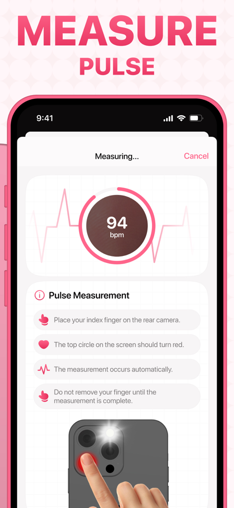손가락 배치 지침과 함께 실시간 심박수 측정을 보여주는 Heart Beat 앱 인터페이스