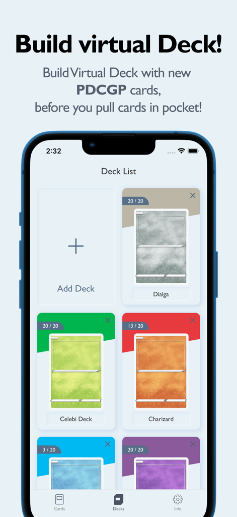 Interface for building virtual decks in the PTCGP Dex Pro app showing deck lists for Dialga and Charizard