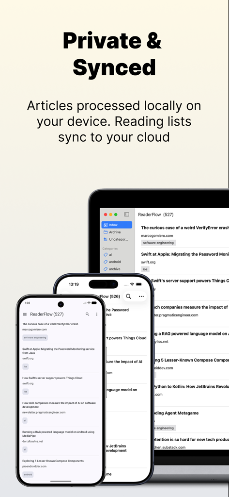 ReaderFlow | Read Later - ReaderFlow app interface on iPhone and Mac showing private reading list synchronization across devices.