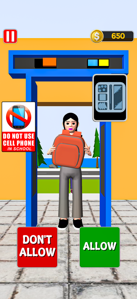 Paper Pass Fail Teacher Game - Mobile game screenshot showing a student passing through a school security scanner with allow and don't allow buttons