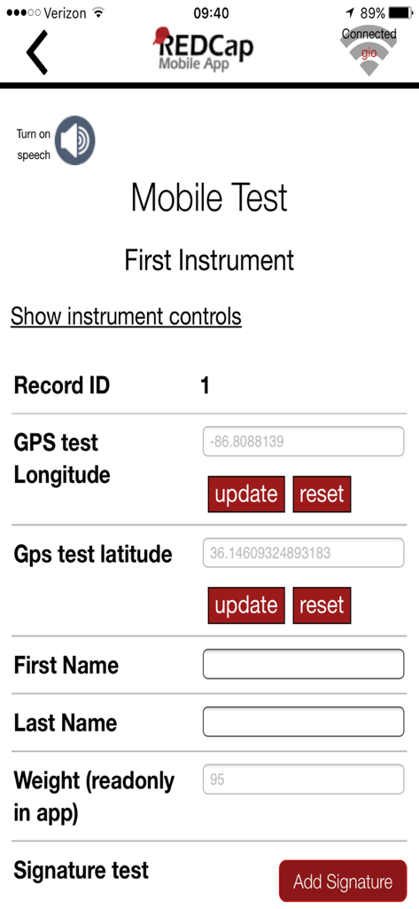 REDCap Mobile App - Screenshot of the REDCap Mobile App showing a clinical research data collection form with GPS and signature fields