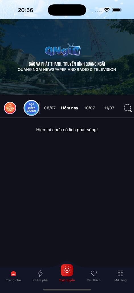 QNgTv Go - Live-Oberfläche der QNgTv Go App für Nachrichten und Radio in Quang Ngai