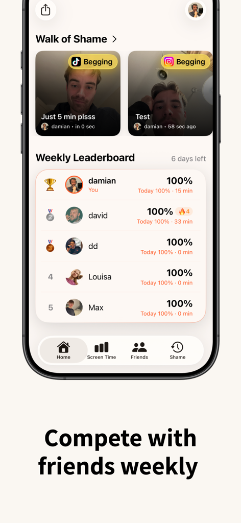 Useless - Screen Time Control - Dashboard of the Useless app showing a weekly leaderboard and the Walk of Shame social accountability feed