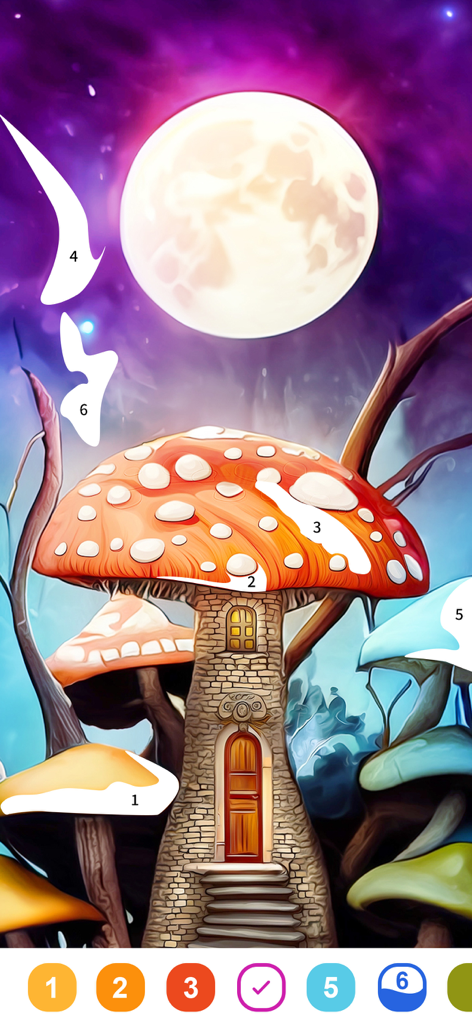Eine Malen-nach-Zahlen-Seite mit einem magischen Pilzhaus unter einem hellen Vollmond.