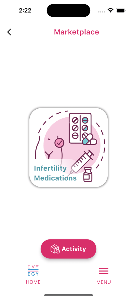 IVF EGY - Marketplace screen of the IVF EGY app showing the infertility medications section with medical icons