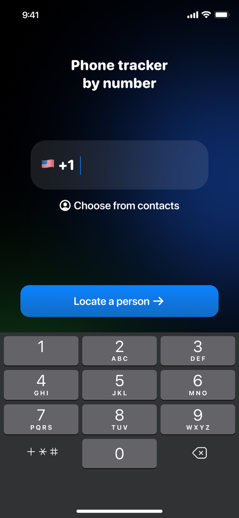 Captura de pantalla de la aplicación Phone Tracker que muestra el campo de entrada del número de teléfono y un botón para localizar a una persona.