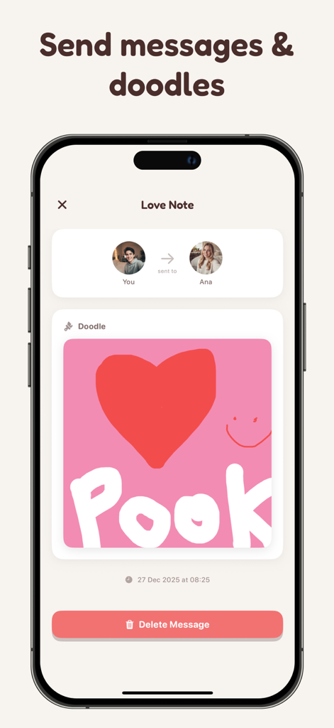 Pookie - Raise a shared pet - Interfaz de la app Pookie que muestra un garabato digital compartido con un corazón y una cara sonriente enviado entre una pareja.