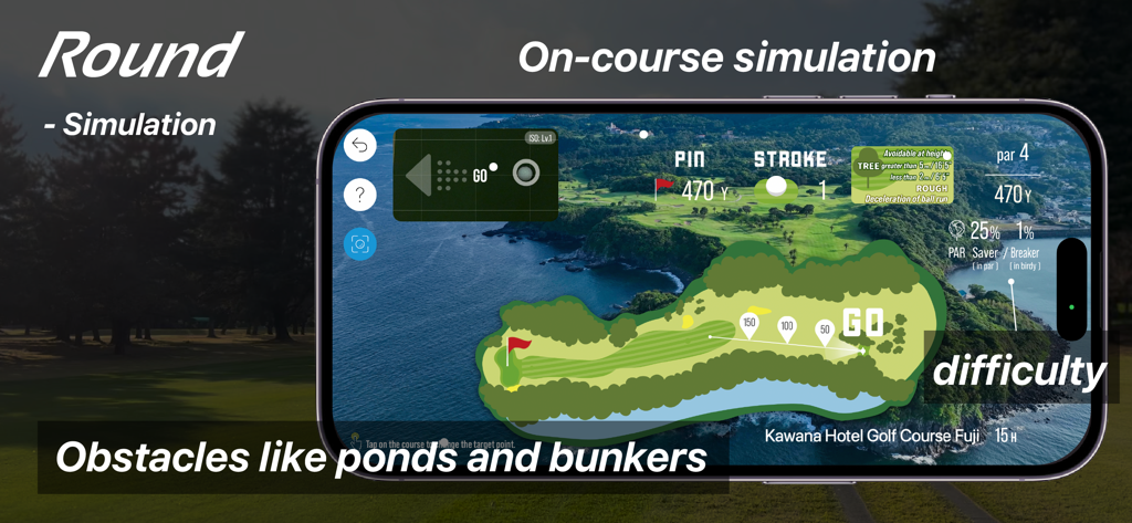 Golfboy:Launch Monitor - Interfaz del modo ronda de la aplicación Golfboy que muestra una simulación en el campo con un mapa virtual de un hoyo de golf incluyendo estanques y bunkers.